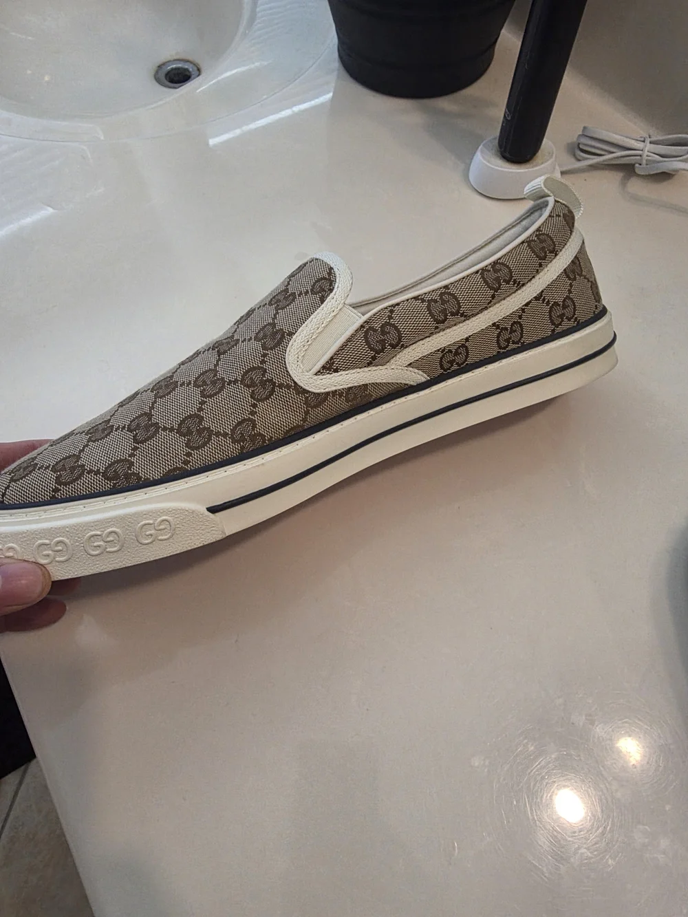 Gucci Brown Monogram Slip-On Sneakers with White Trim